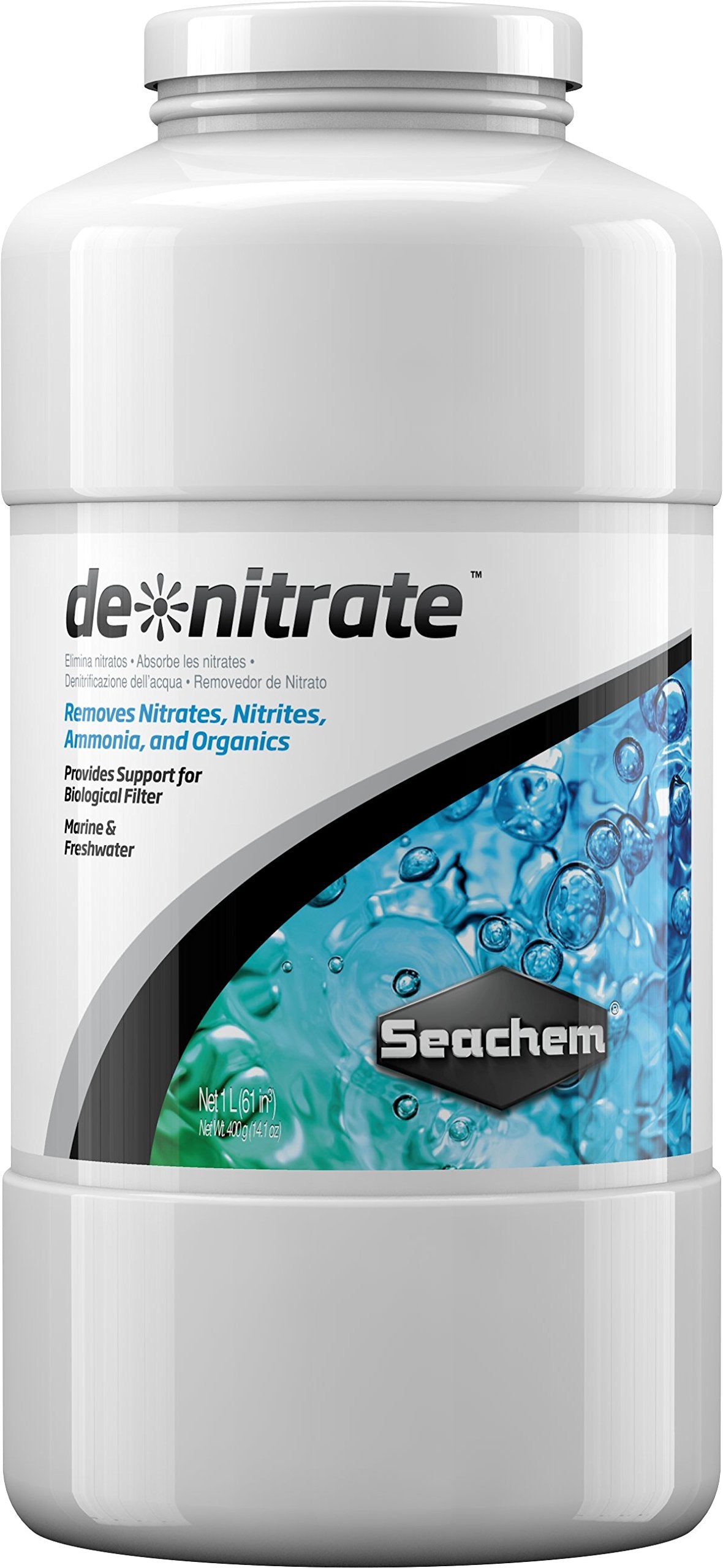 Seachem de*Nitrate emballage avant montrant le produit et ses avantages pour la filtration