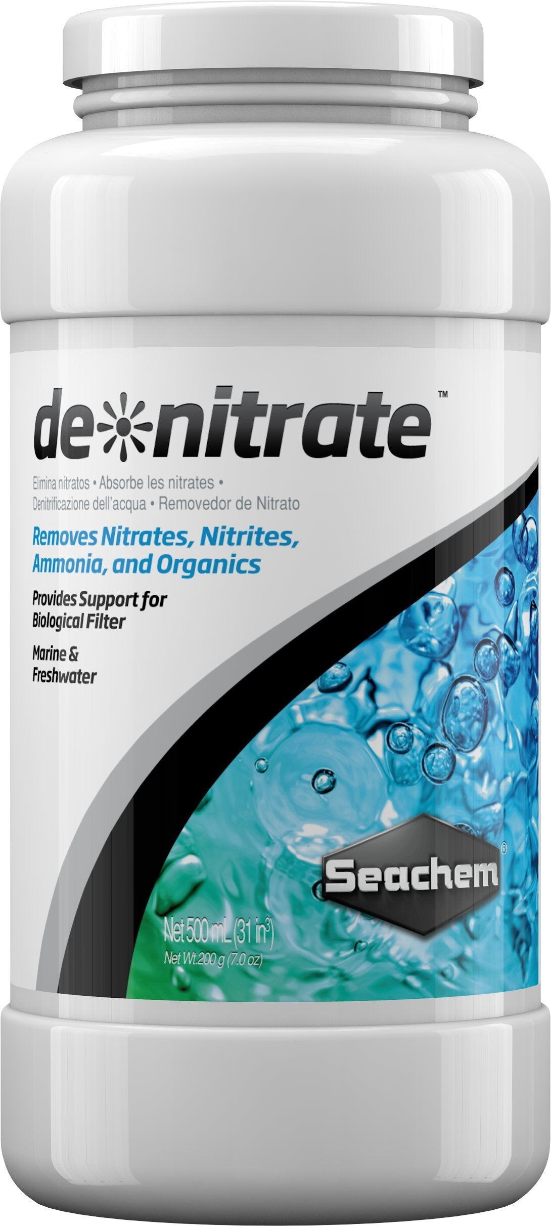 Seachem De*Nitrate packaging avant montrant format 500 mL et étiquette claire