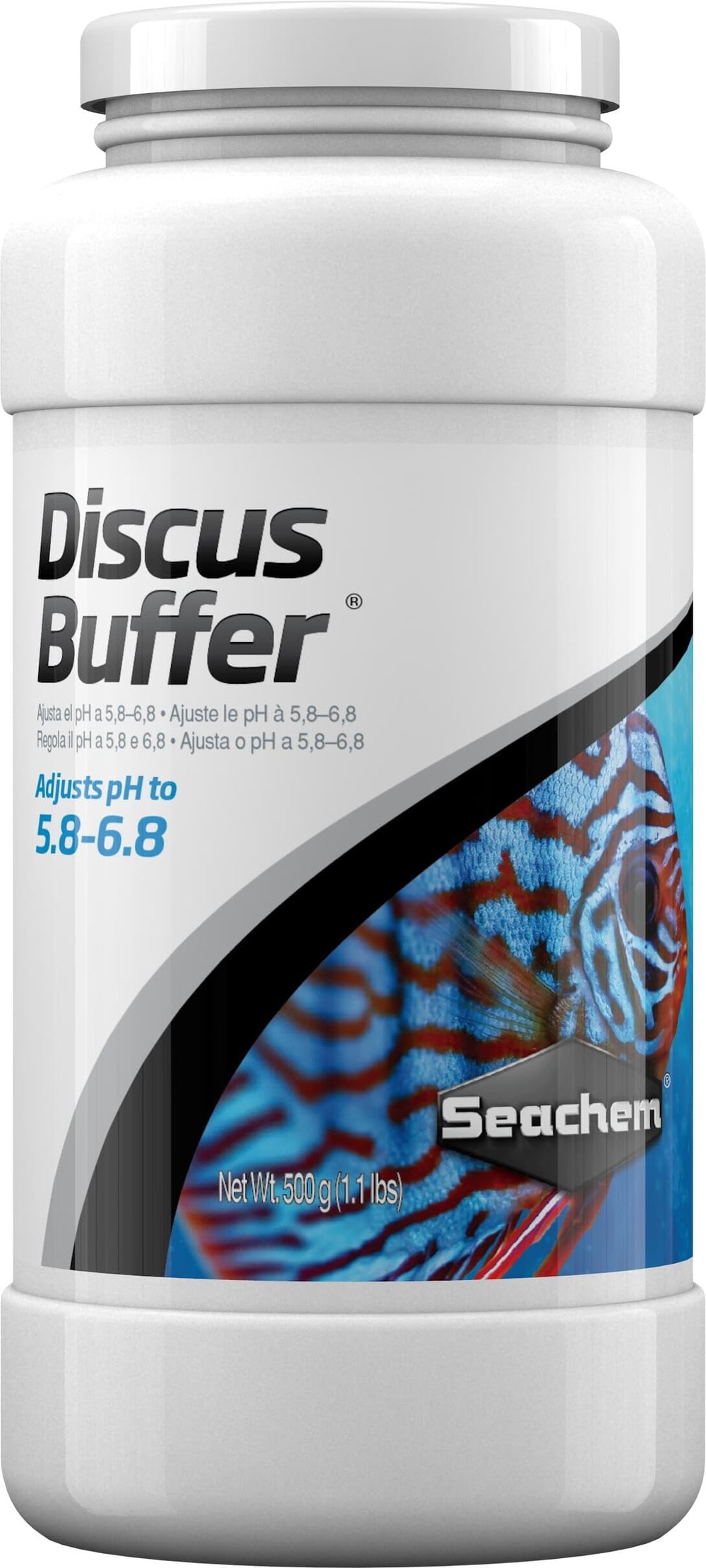 Seachem Discus Buffer emballage avant montrant format 500 g et instructions utiles