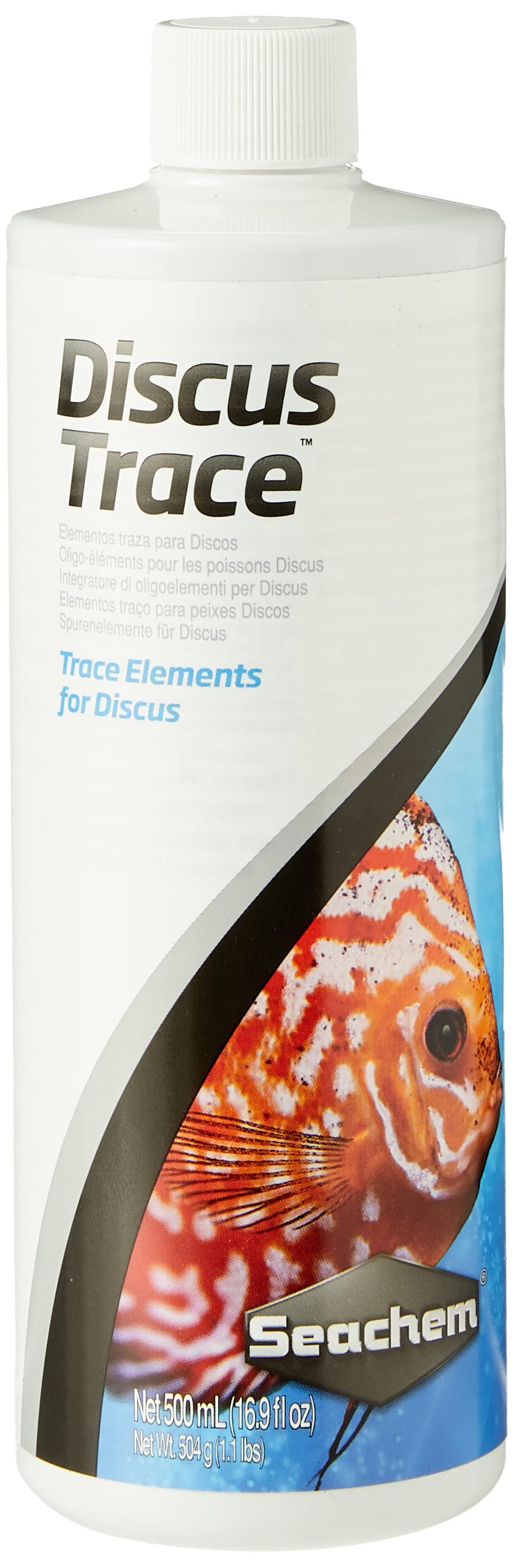 Seachem Discus Trace vue de face montrant le flacon et l’étiquette bénéfice dosage précis