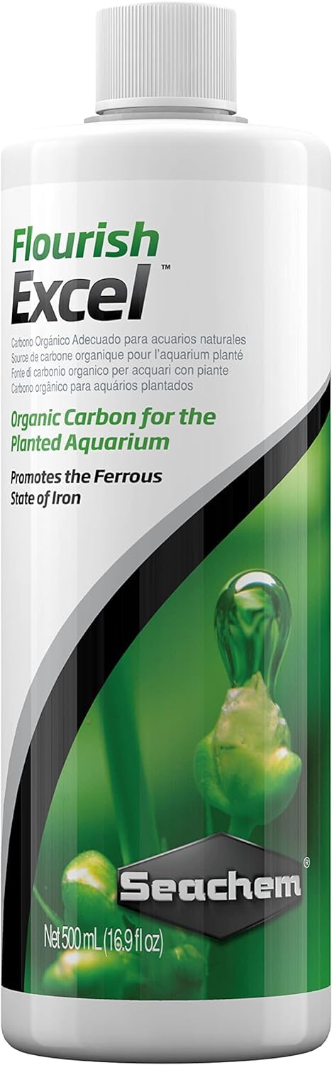 Seachem Flourish Excel packaging face montrant flacon et usage bénéfique pour plantes