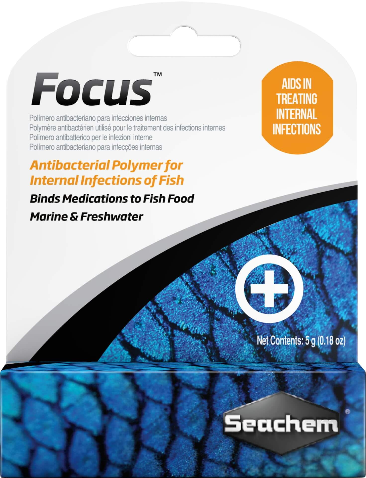 Seachem Focus emballage face montrant pot et dosage, facilite application précise