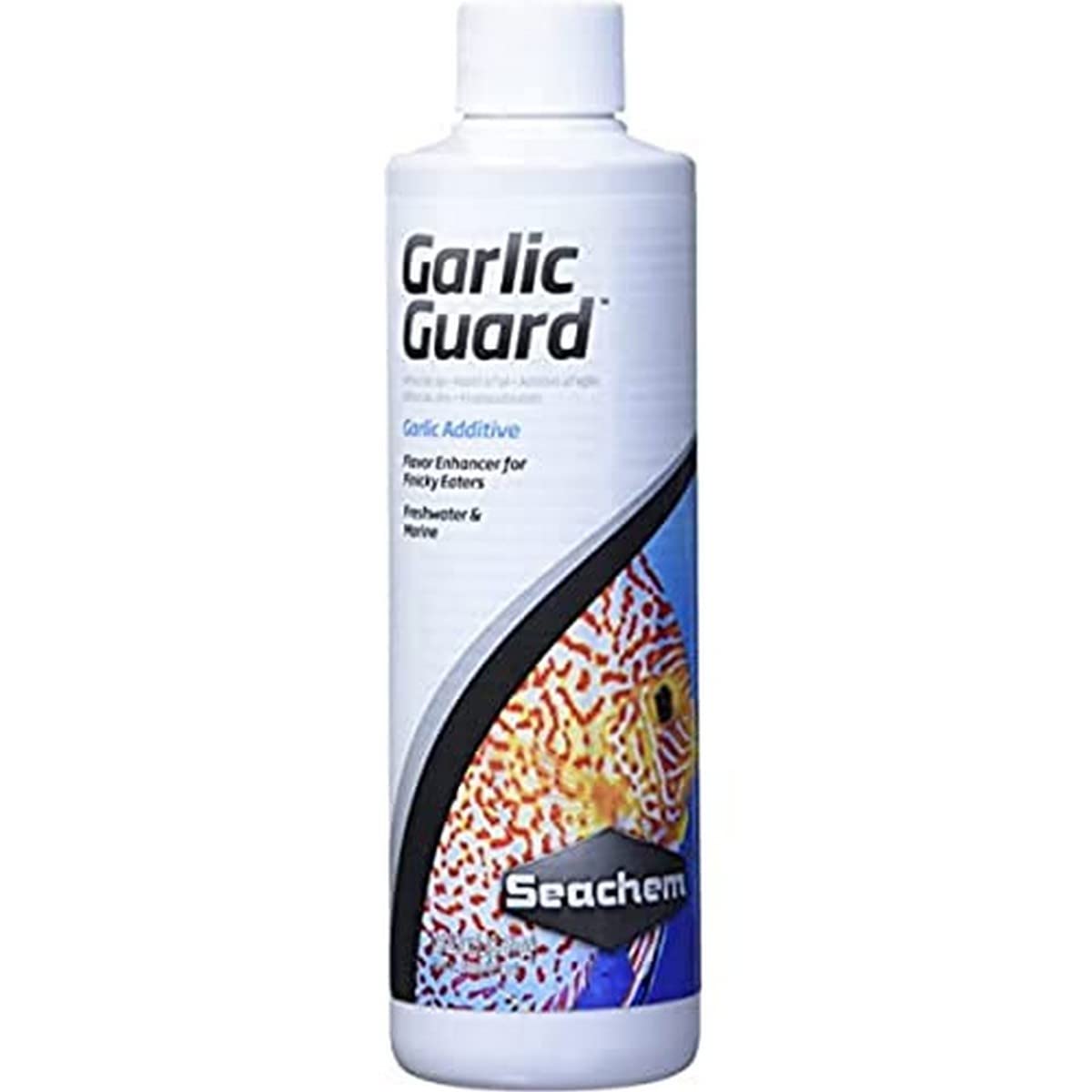 Flacon Seachem GarlicGuard 250 mL présenté frontalement, facile à verser