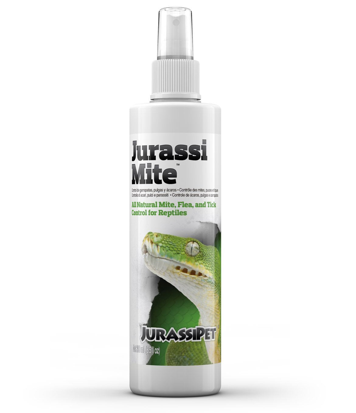 Seachem Jurassipet JurassiMite flacon montrant l'emballage et l'usage sûr