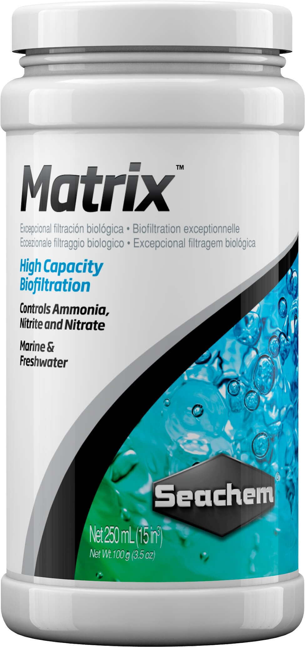 Seachem Matrix emballage avant montrant le flacon et bénéfice filtration claire