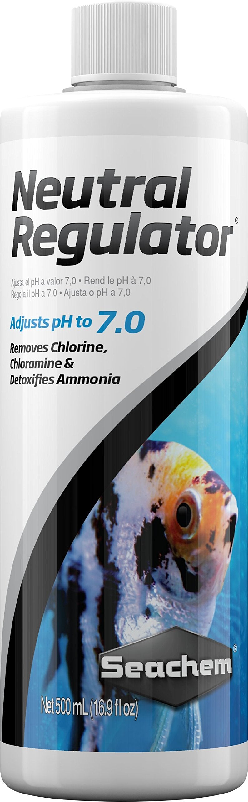 Seachem Neutral Regulator flacon face montrant l'emballage et dosage utile