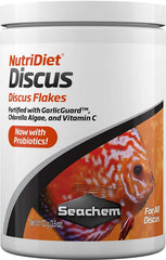 Seachem NutriDiet Discus Flakes emballage montrant le pot et l'étiquette, garantie qualité