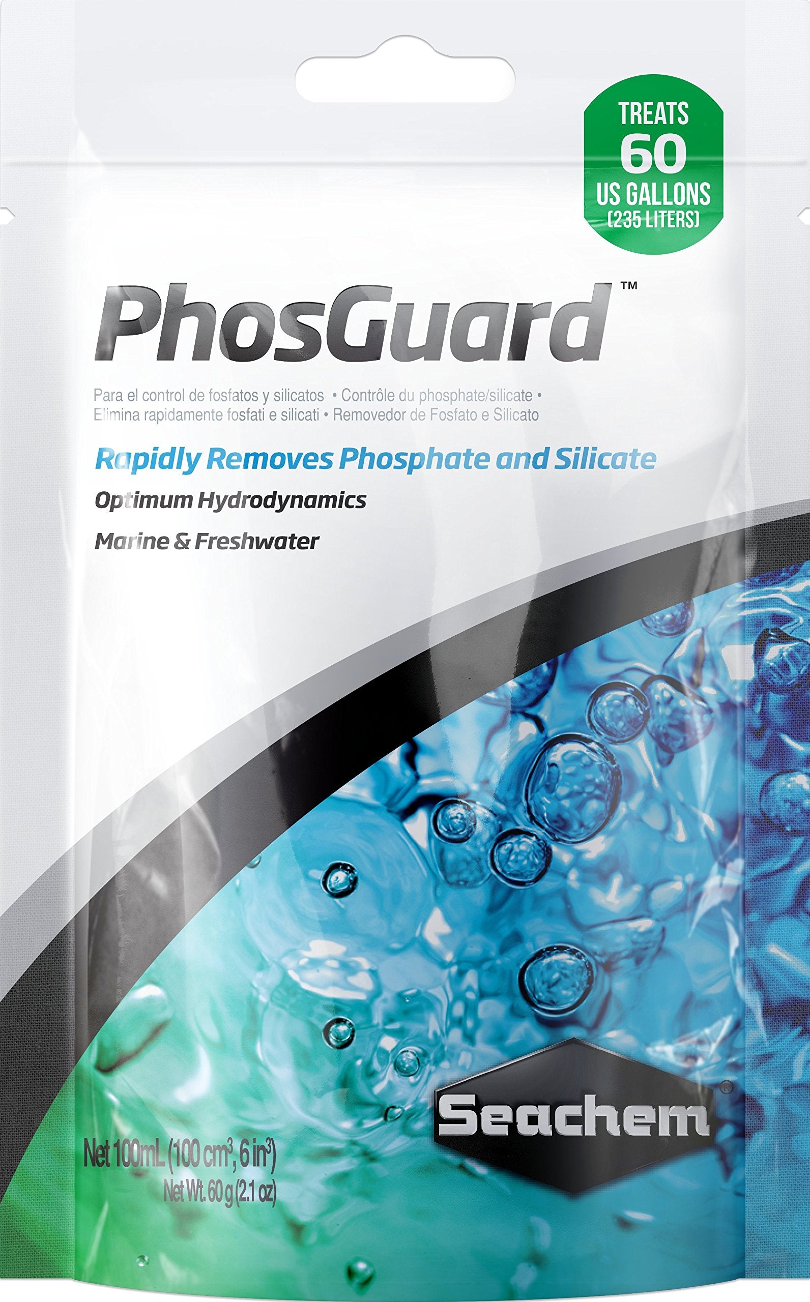 Seachem PhosGuard emballage avant montrant le sachet et la capacité pour filtration rapide