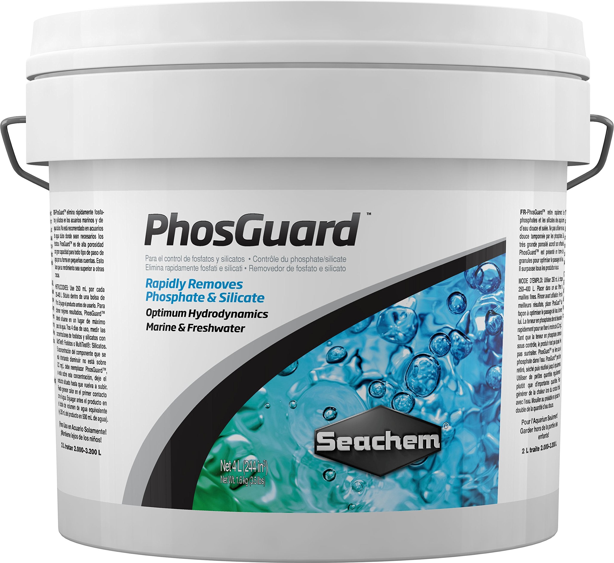 Seachem PhosGuard emballage avant montrant le contenant et capacité 4 L, bénéfice : gestion nutriments