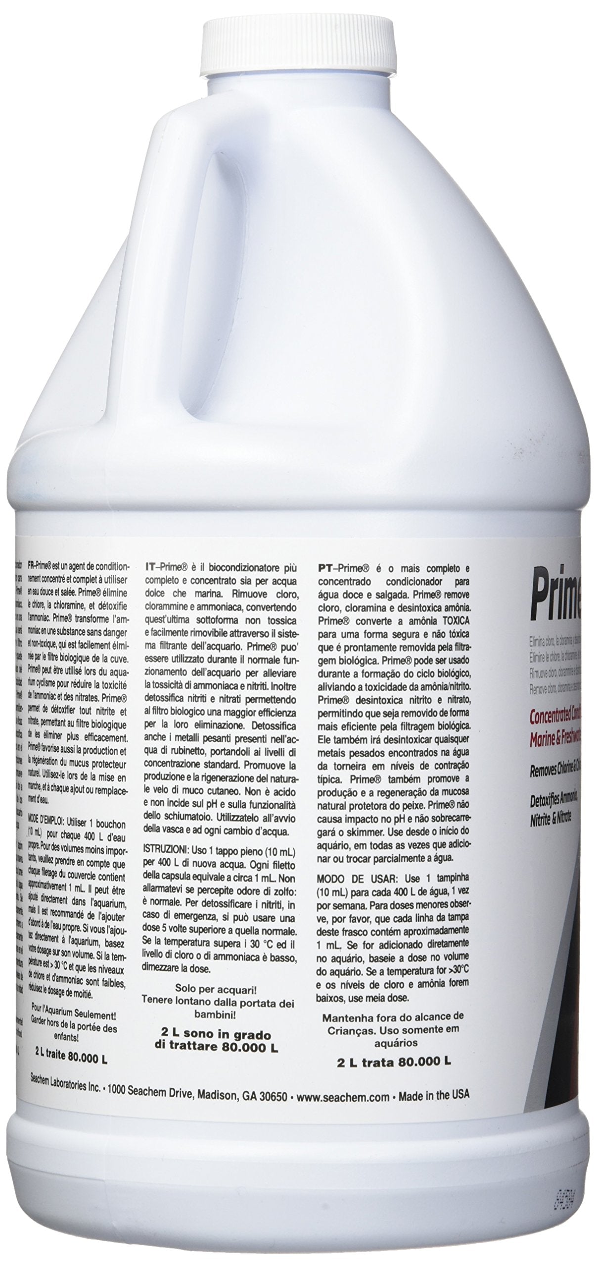 Seachem Prime bouteille à côté d'un mètre pour évaluer le volume 2 L