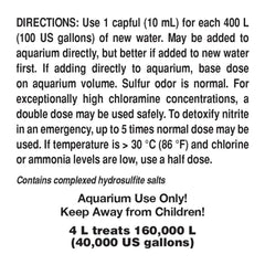 Seachem Prime étiquette lisible montrant instructions et avantages