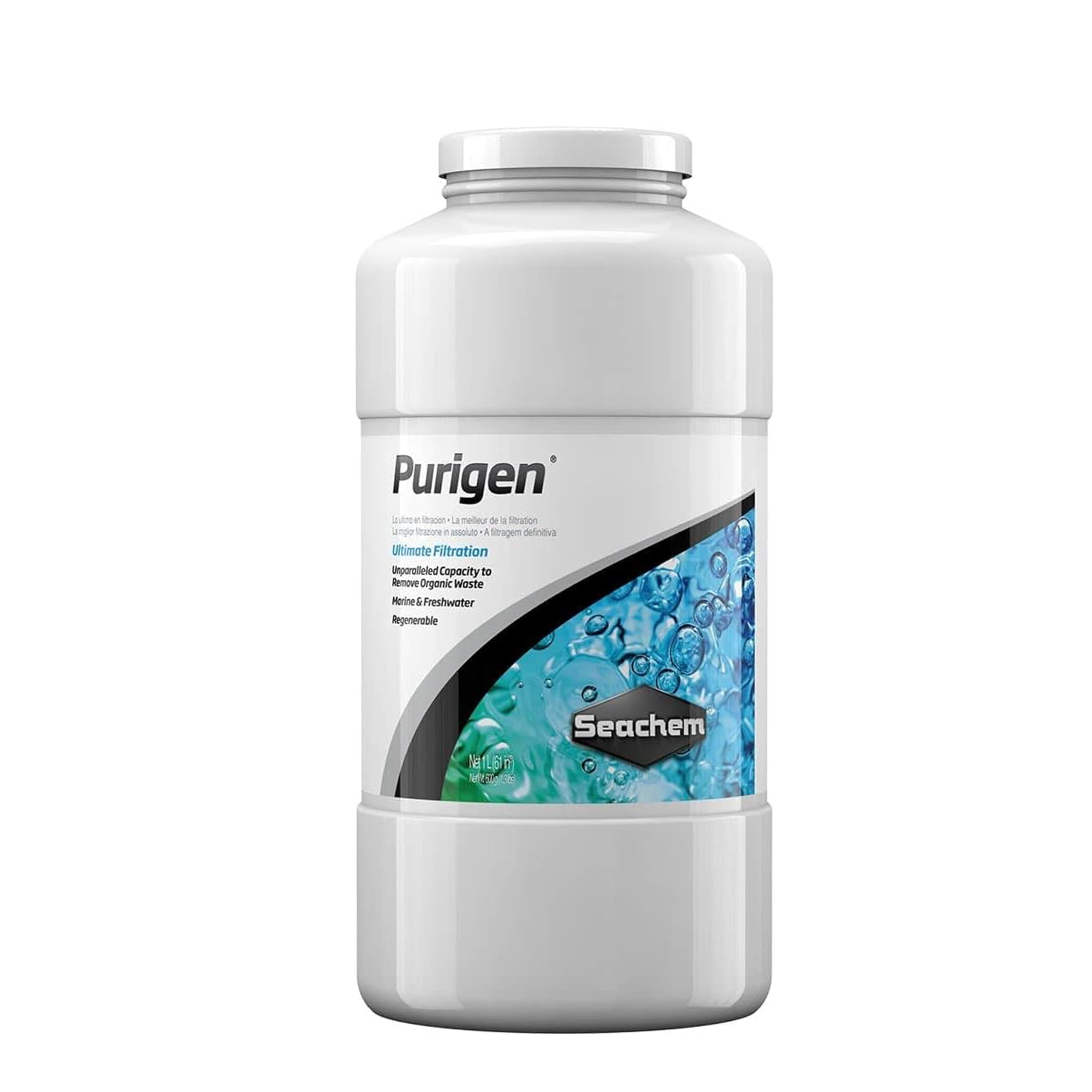 Seachem Purigen emballage avant montrant 1L et clarté d'eau rapide