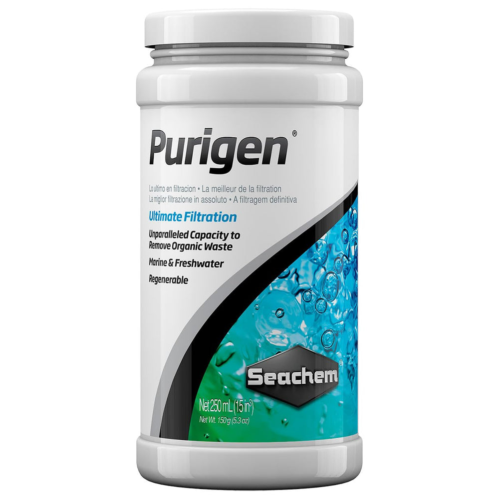 Seachem Purigen emballage 250 ml montrant le pot et bénéfice eau claire