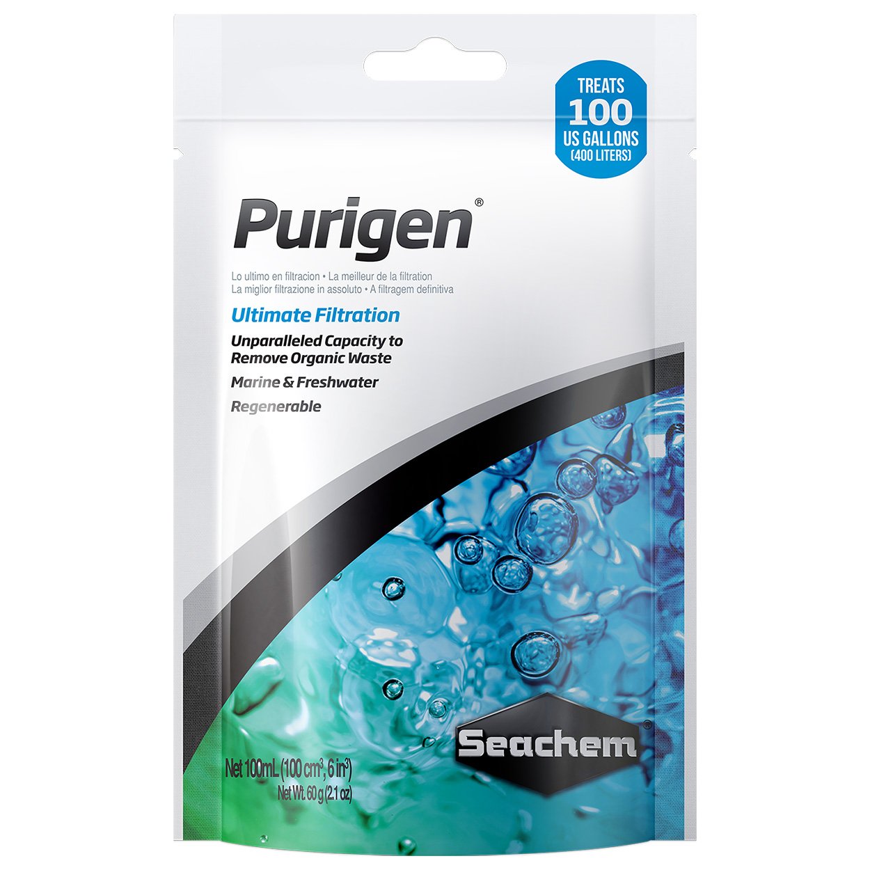 Seachem Purigen emballage avant montrant la contenance et l'utilisation, améliore la clarté