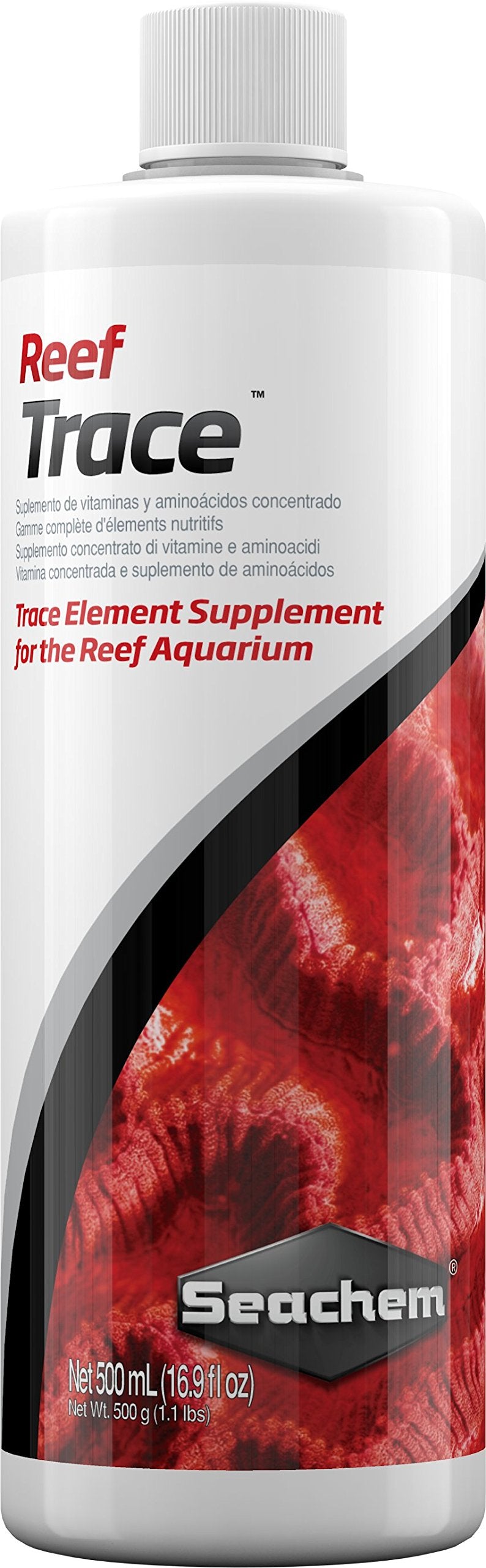 Seachem Reef Trace face avant du flacon présentant l’étiquette et le format 500 ml bénéfique