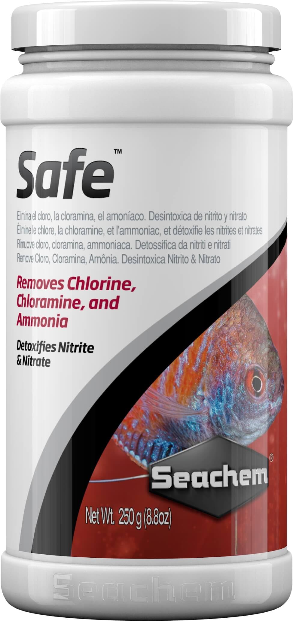 Seachem Safe emballage avant montrant la contenance et l'avantage concentré