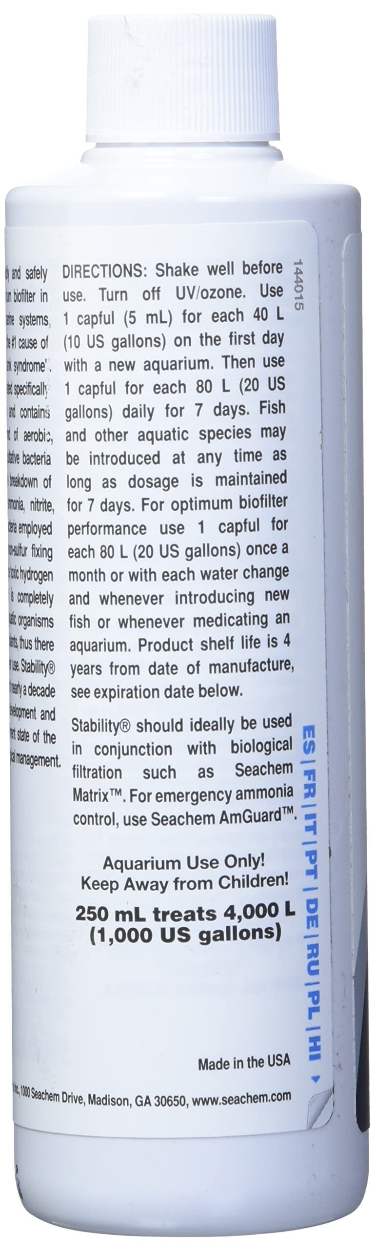 Seachem Stability détail d'étiquette expliquant instructions et avantages clairs
