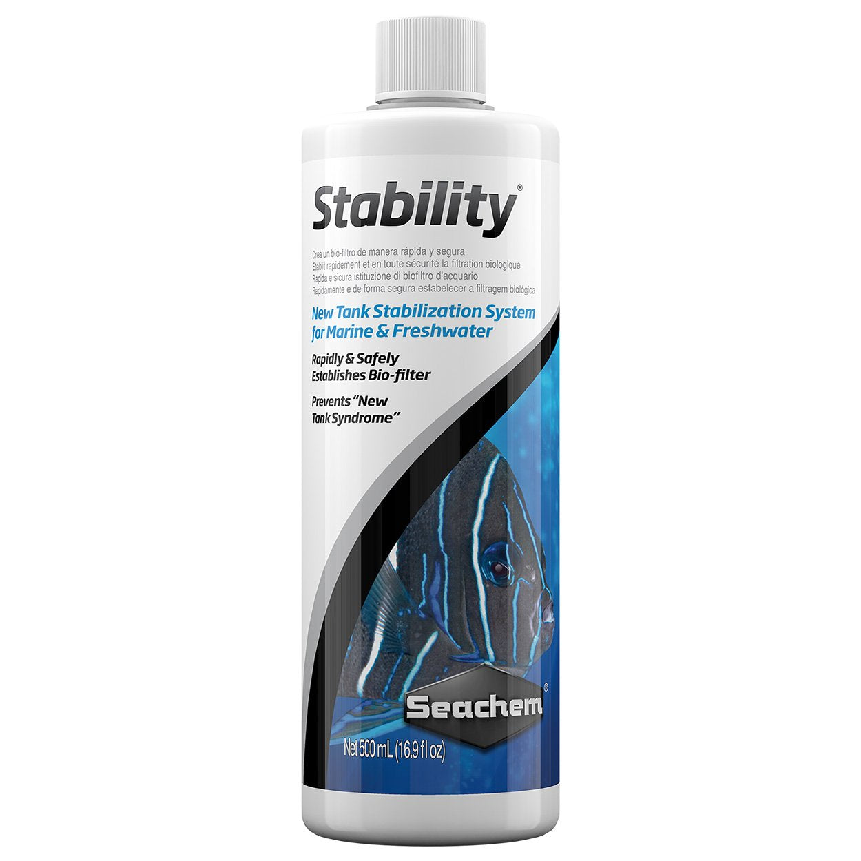 Seachem Stability emballage avant montrant le flacon et avantage maîtrise du cyclage