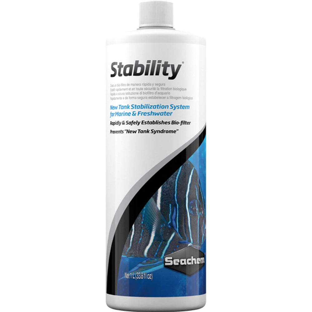 Seachem Stability flacon 1 L montrant l'étiquette et l'usage pour démarrage rapide du filtre