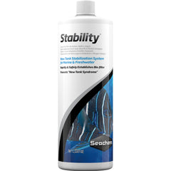 Seachem Stability flacon 1 L montrant l'étiquette et l'usage pour démarrage rapide du filtre
