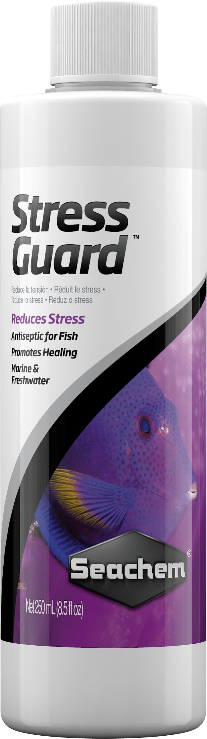 Seachem StressGuard flacon 250 mL montrant l’emballage et l’usage facile