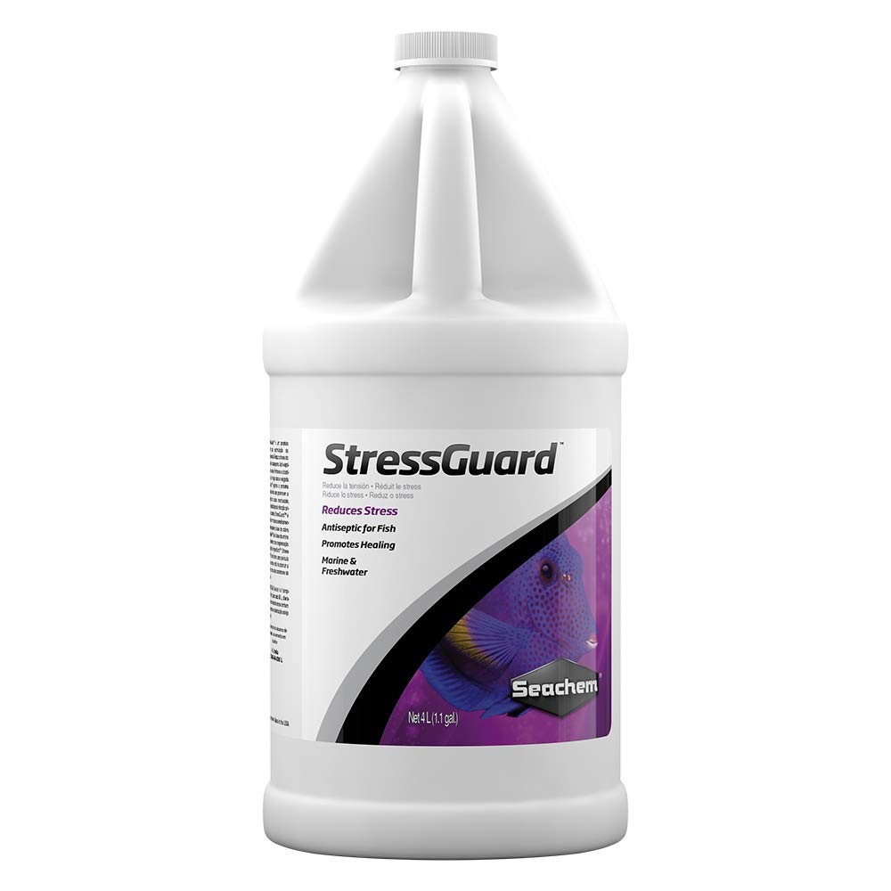 Seachem StressGuard flacon 4L montrant l'étiquette et l'emballage, protection pratique