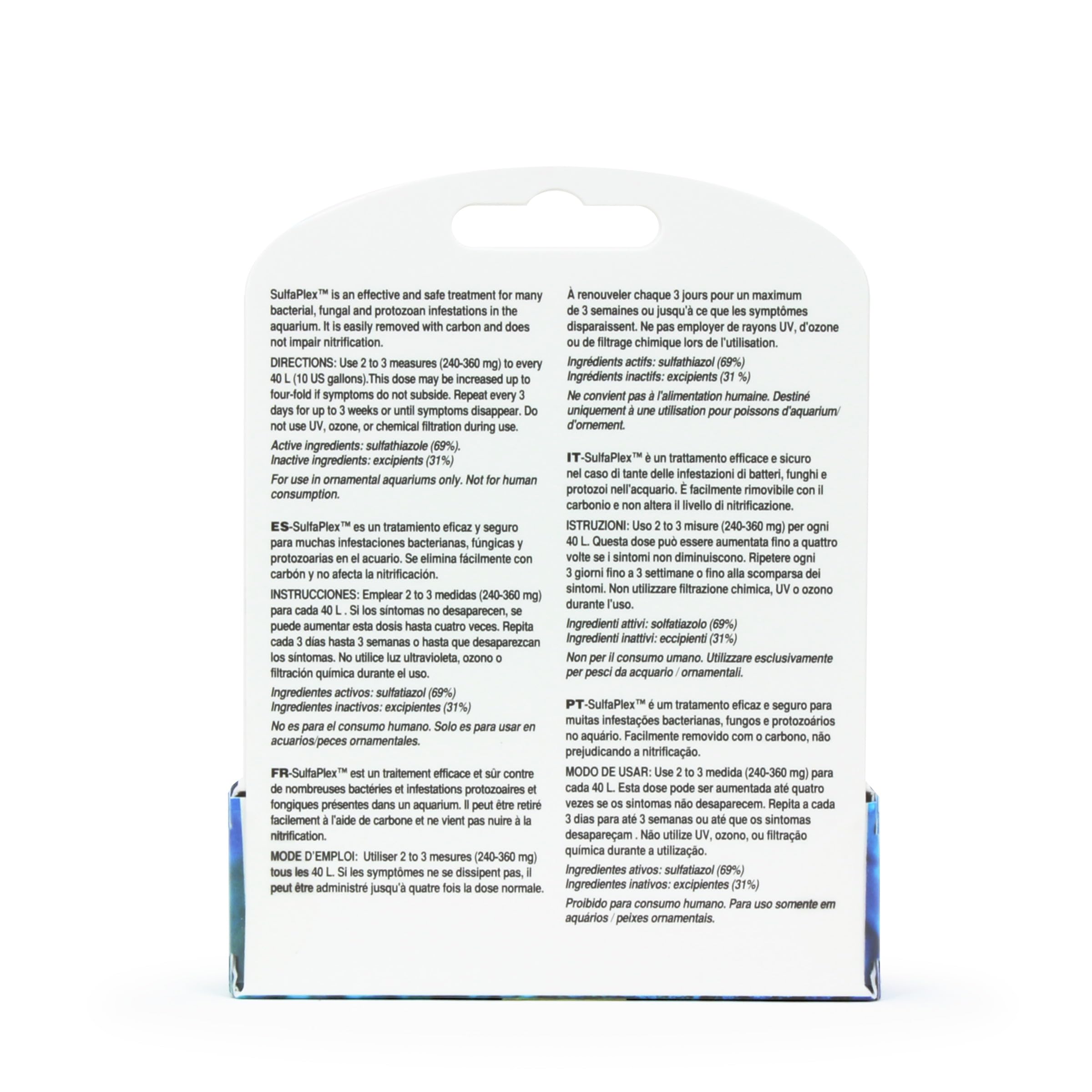 Boîte Seachem SulfaPlex 10 g posée à côté d'un mètre pour comparaison de taille pratique