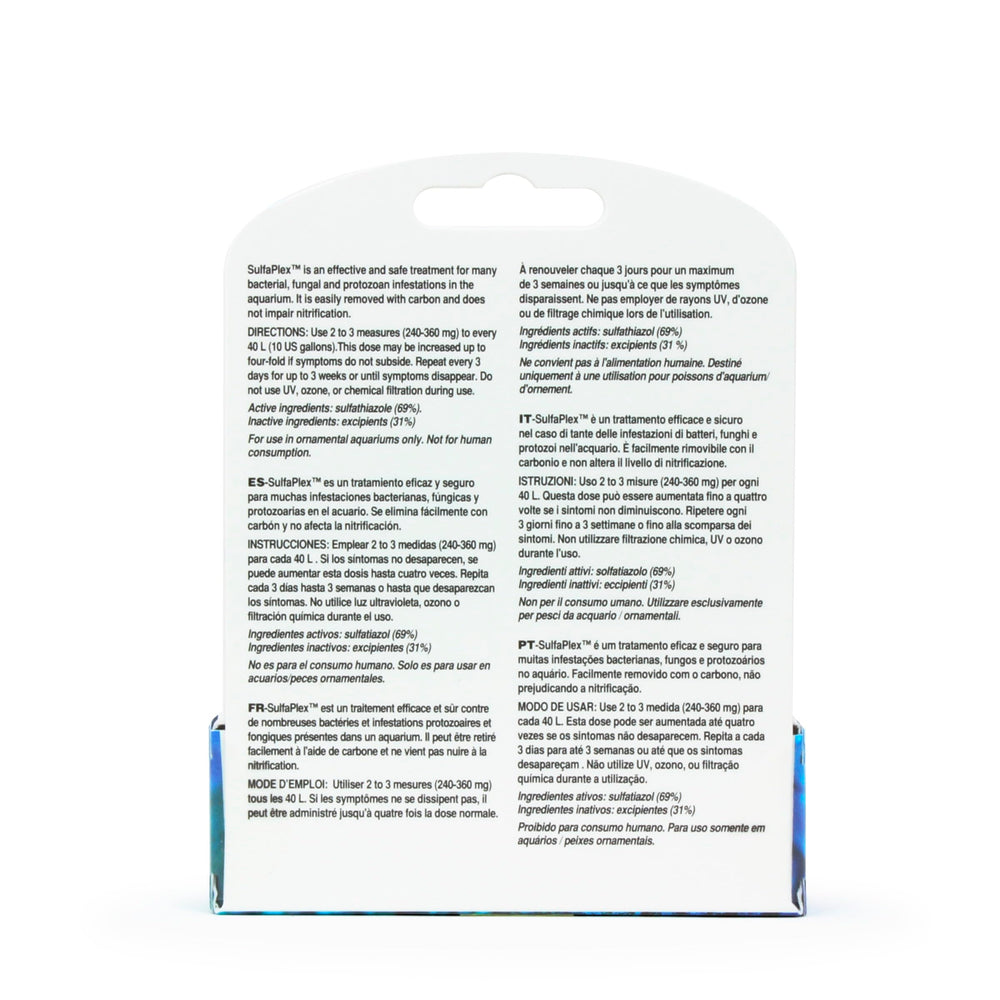 Boîte Seachem SulfaPlex 10 g posée à côté d'un mètre pour comparaison de taille pratique