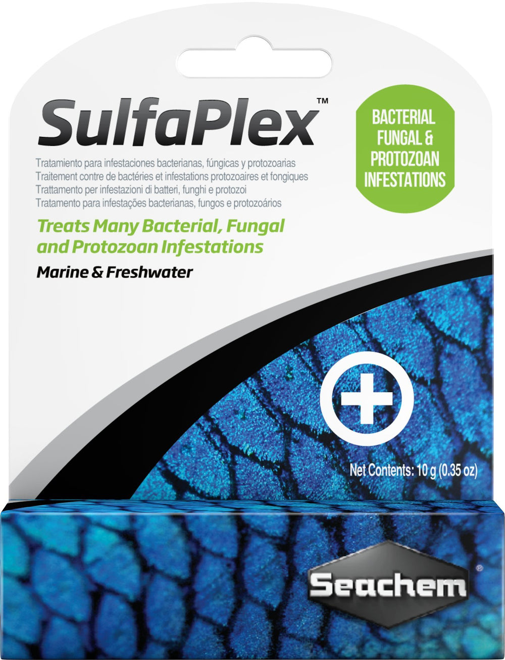 Seachem SulfaPlex emballage avant montrant produit et dosage, praticité garantie