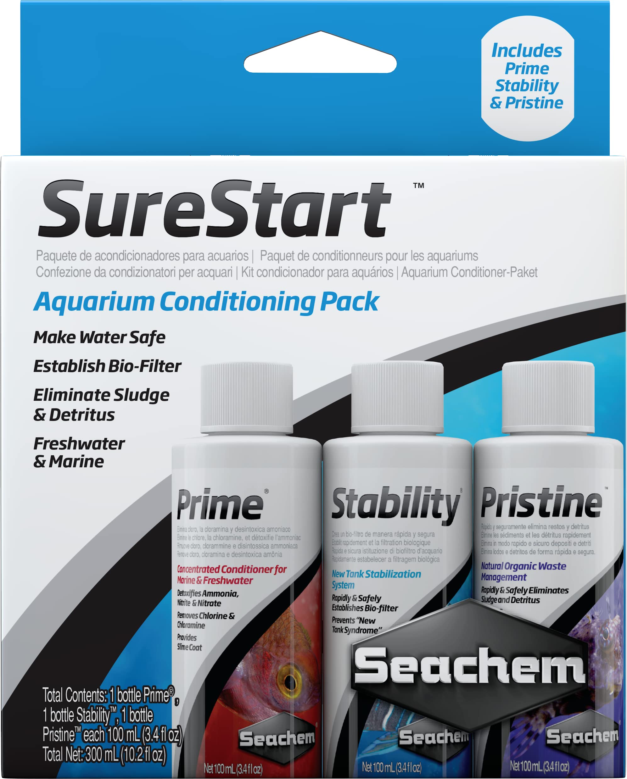 Seachem Sure Start Pack face avant de l'emballage montrant les trois flacons et avantages