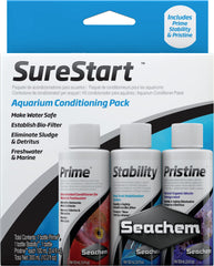 Seachem Sure Start Pack face avant de l'emballage montrant les trois flacons et avantages