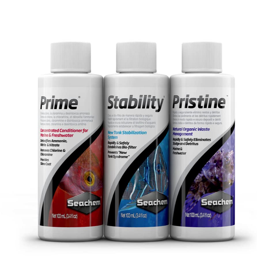 Seachem Sure Start Pack gros plan sur les bouteilles pour dosage précis et sécurité