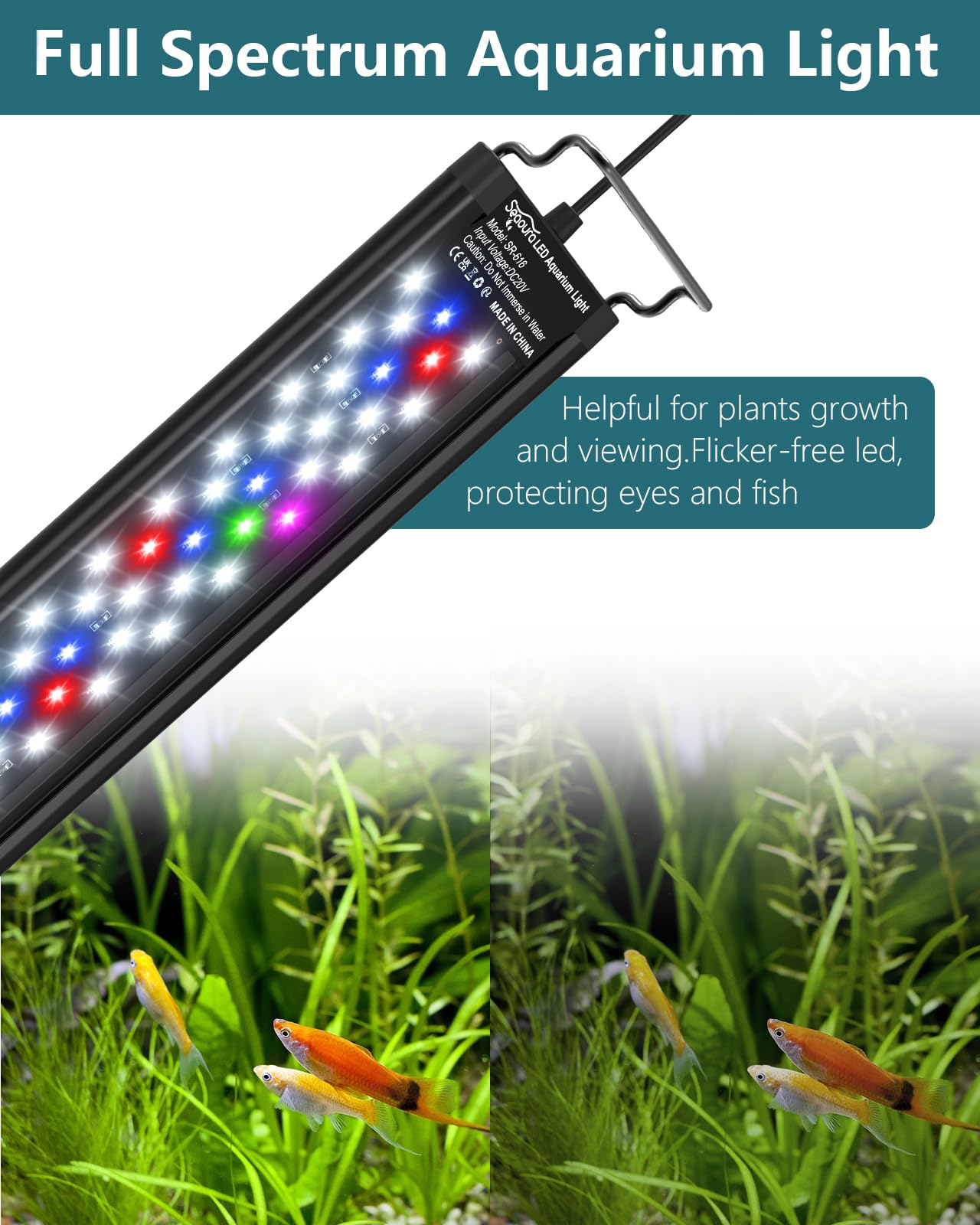 SEAOURA lampe installée sur aquarium en fonctionnement, met en valeur plantes et poissons