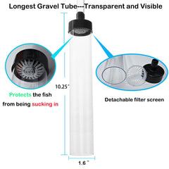 Seltomer tube à gravier gros plan avec filtre, protège gravier et poissons