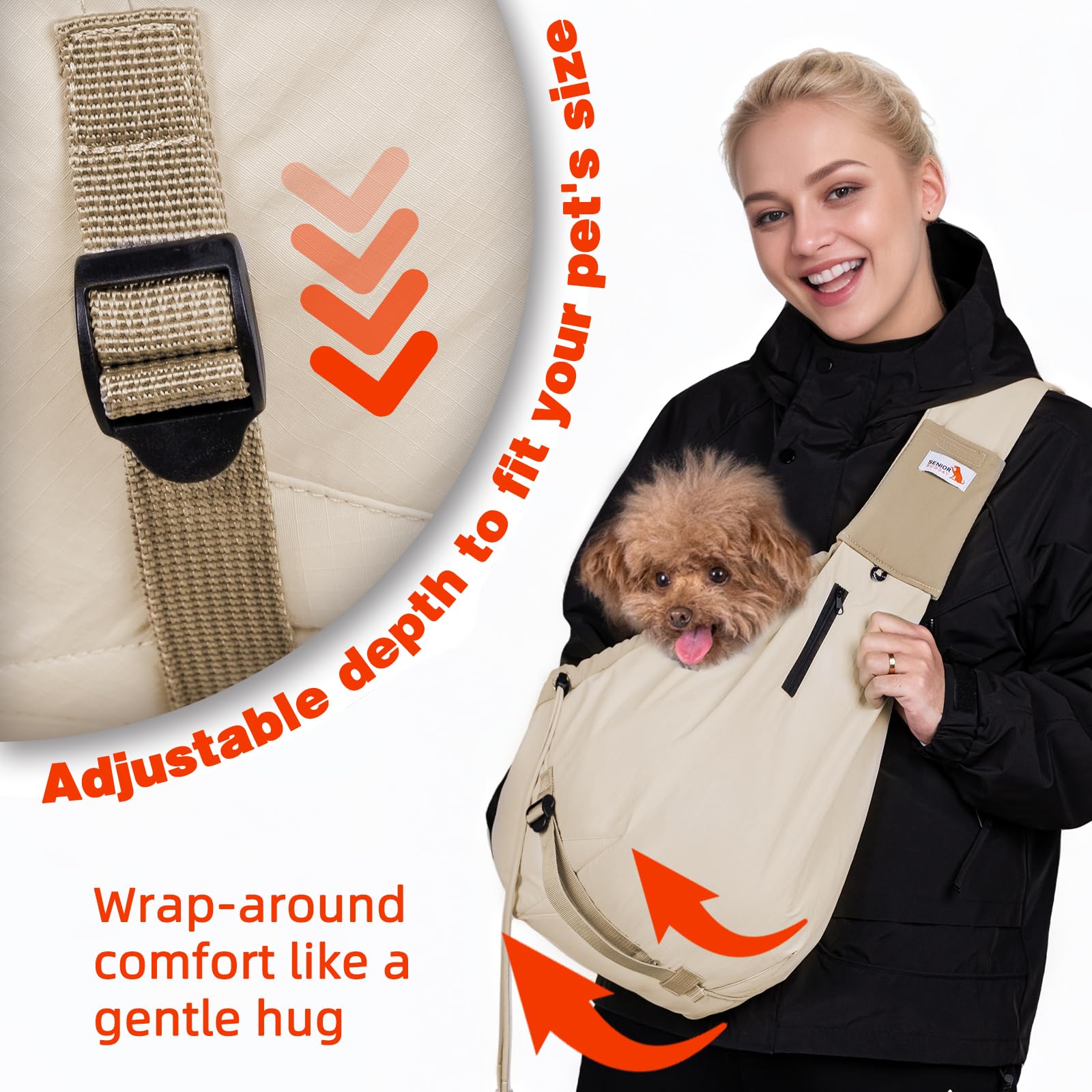 SENIOR BUDDAY comparaison taille montrant chien de petite taille supporté
