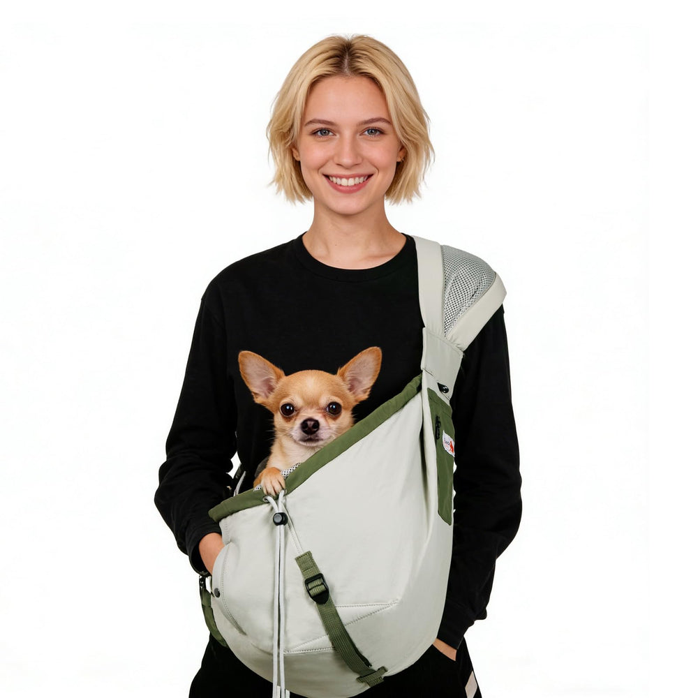 SENIOR BUDDAY vue frontale du porte-chien kaki pour confort mains libres