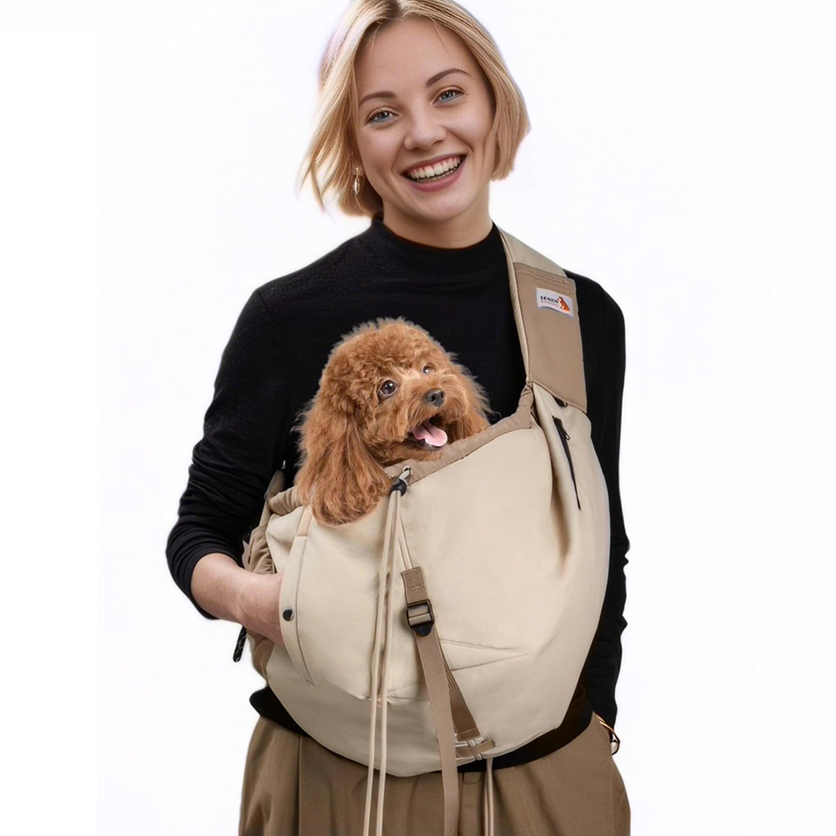 SENIOR BUDDAY porte-chien écharpe beige vue avant pratique et légère