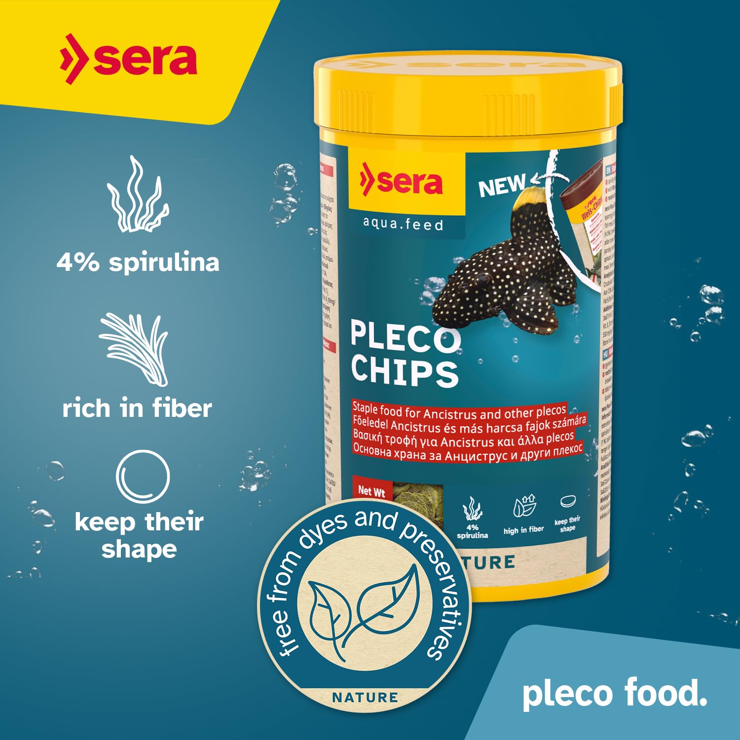 Sera Pleco Chips gros plan texture, montre pastille riche en fibres bénéfique