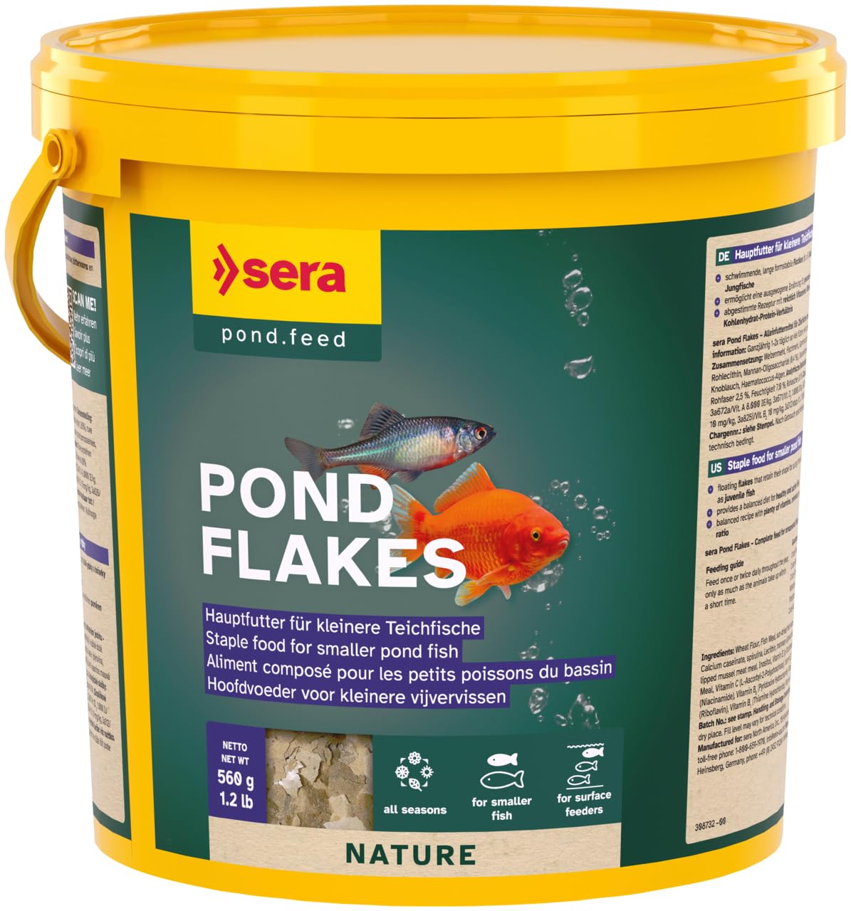 Sera Pond Flakes emballage avant montrant la quantité et l'usage