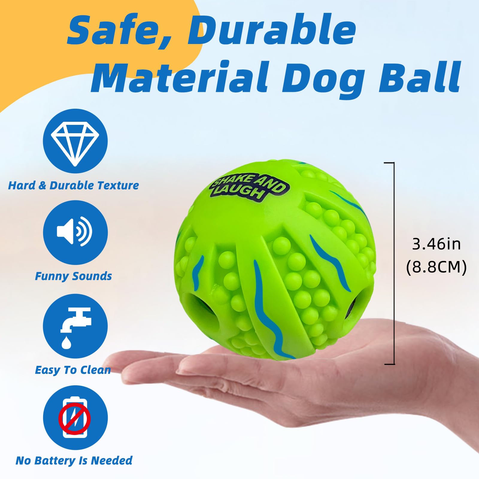 SHAKE AND LAUGH comparaison de taille montrant la balle 8,8 cm pour chiens petits à moyens