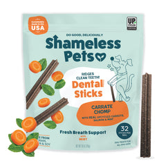 Shameless Pets emballage avant montrant 32 bâtonnets et bénéfice hygiène