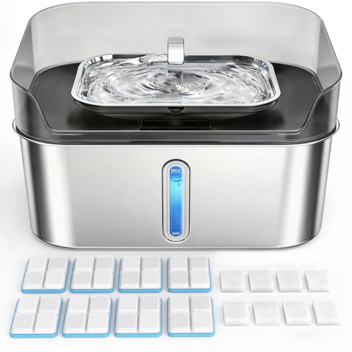 SHARLOVY fontaine inox vue face, design anti-débordement bénéfique