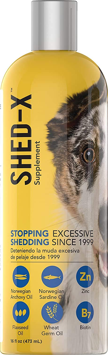 Shed‑X flacon 16 oz affichant l’étiquette, solution facile pour réduire la perte de poils