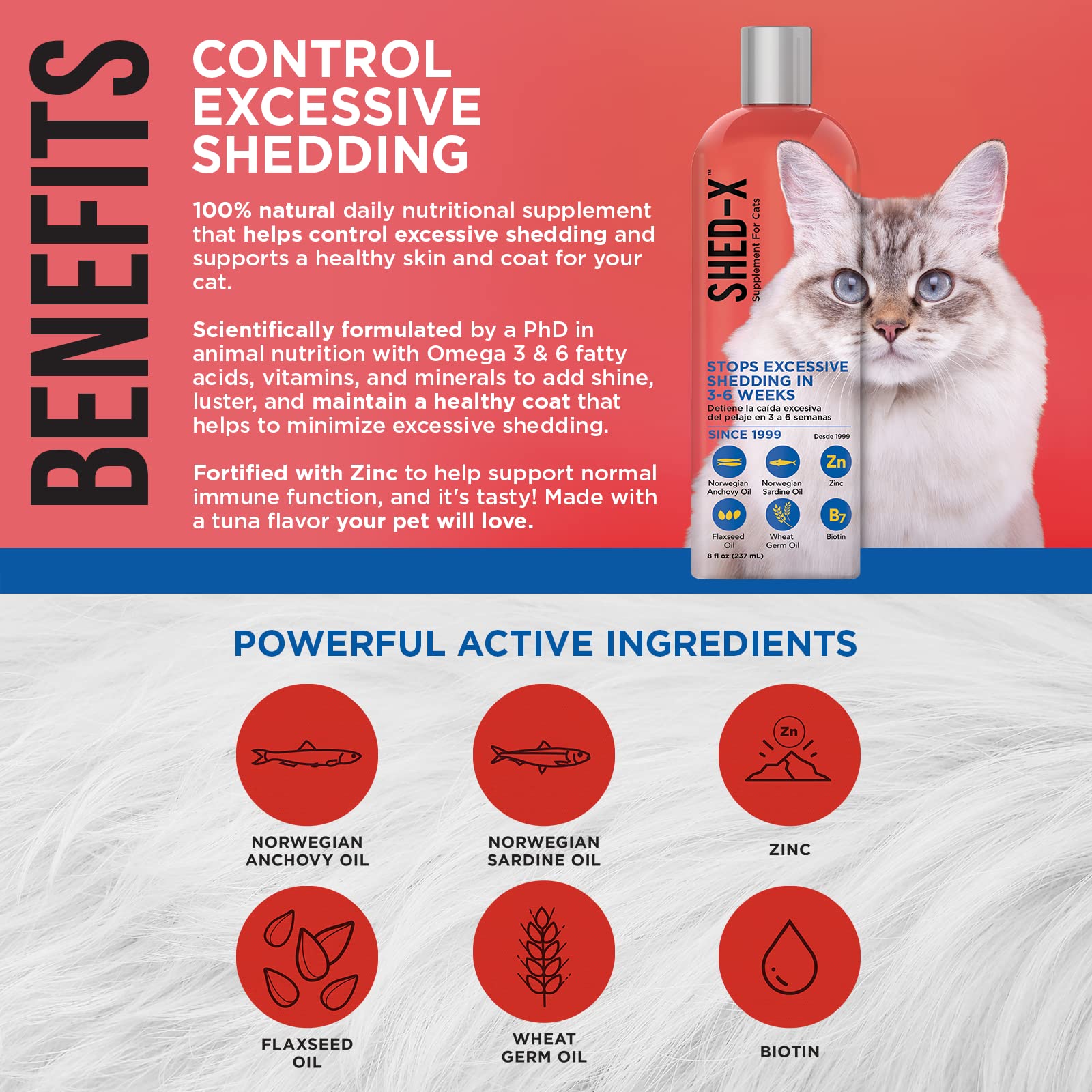 Shed-X étiquette détaillée affichant ingrédients et bénéfice peau pelage