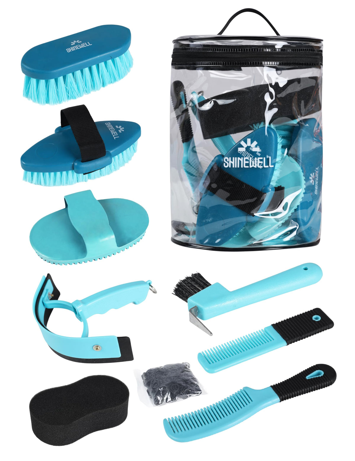 ShineWell coffret complet avant montrant toutes les pièces, organise le pansage