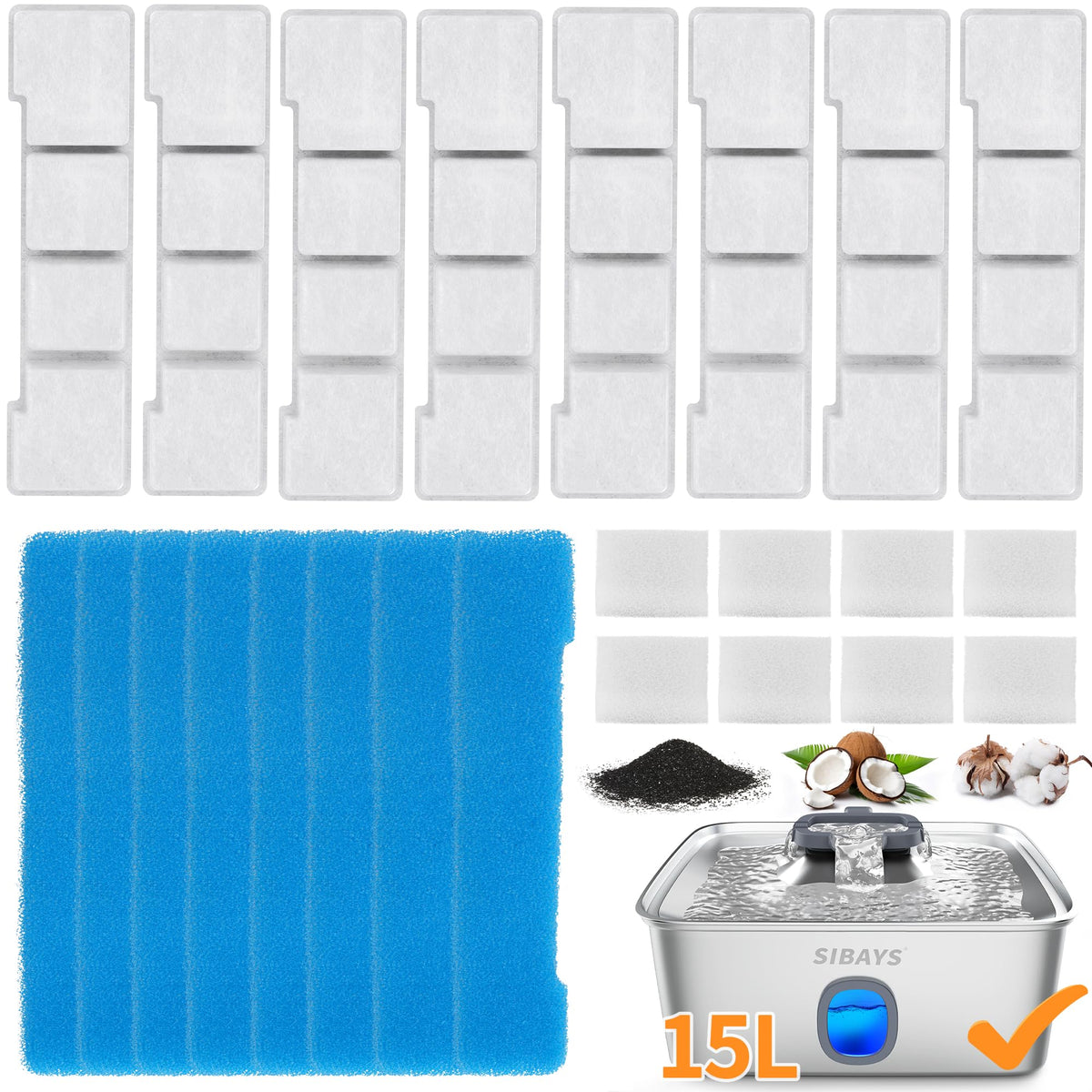 SIBAYS vue avant du pack de filtres pour fontaine, remplacement facile