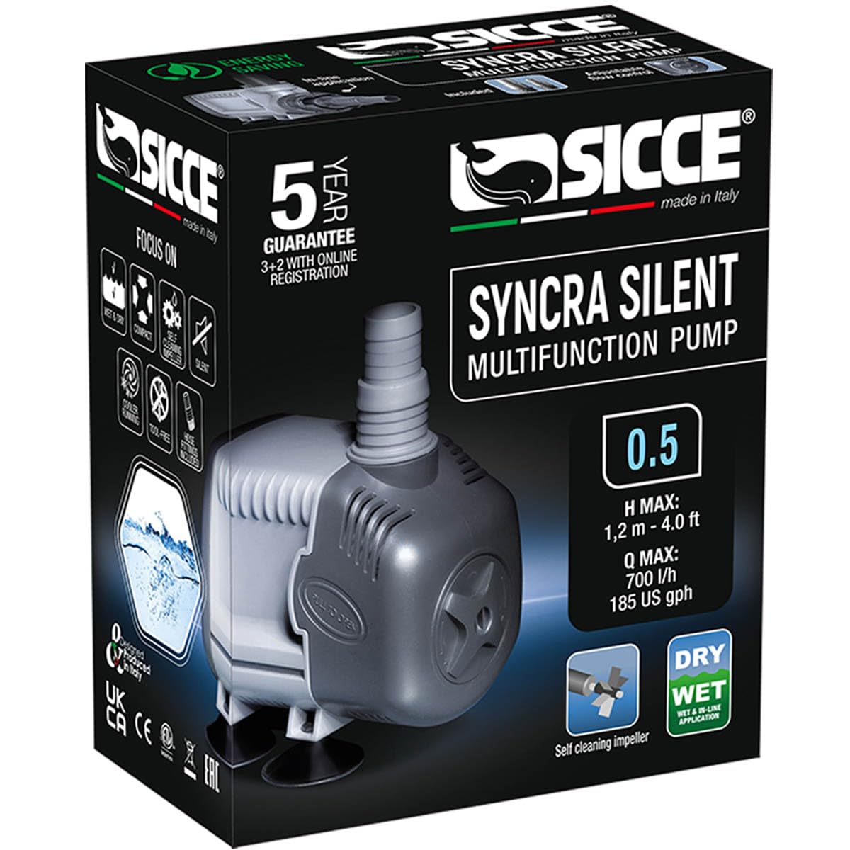 Sicce Syncra Silent 0.5 face avant montrant design compact et flux régulier