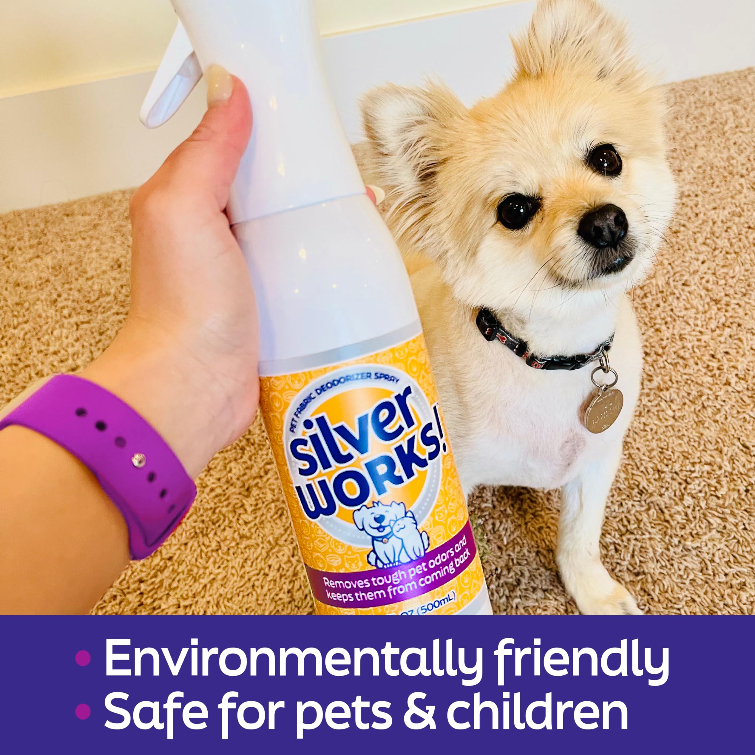 SilverWorks! spray utilisé sur canapé éliminant odeurs d'animaux pour confort