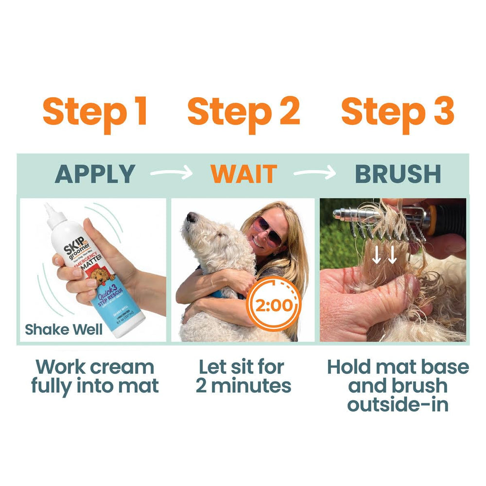 Skip the Groomer utilisation avec râteau montrant démêlage plus facile