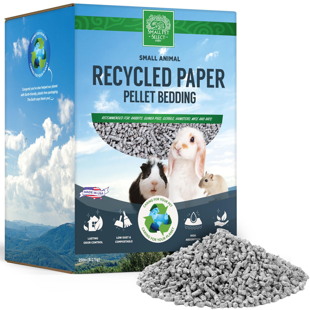 Small Pet Select emballage avant 20 lb montrant le produit et l'usage écologique